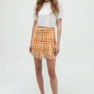Urban Outfitters Orange Checked Button Up Pleated Mini Skirt